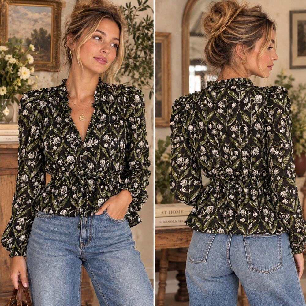 By Anthropologie Black Mesh Floral Ruched Romantic Long Sleeve Top Blouse Size S